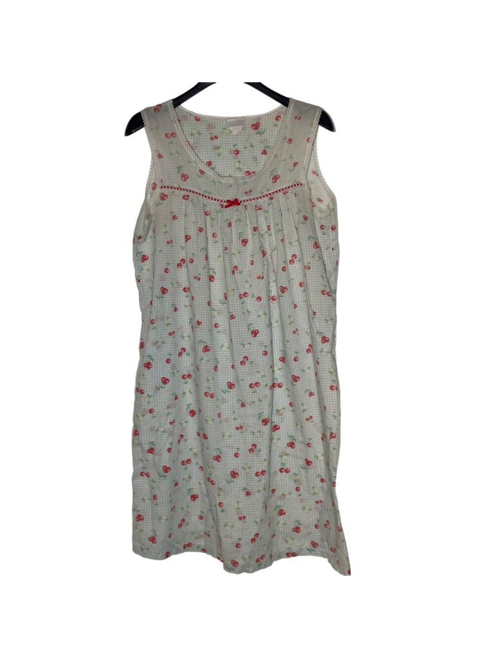 VTG Cherry Fruit Floral Checked Lace Ribbon Nightgown Dress Modest Cottage MED